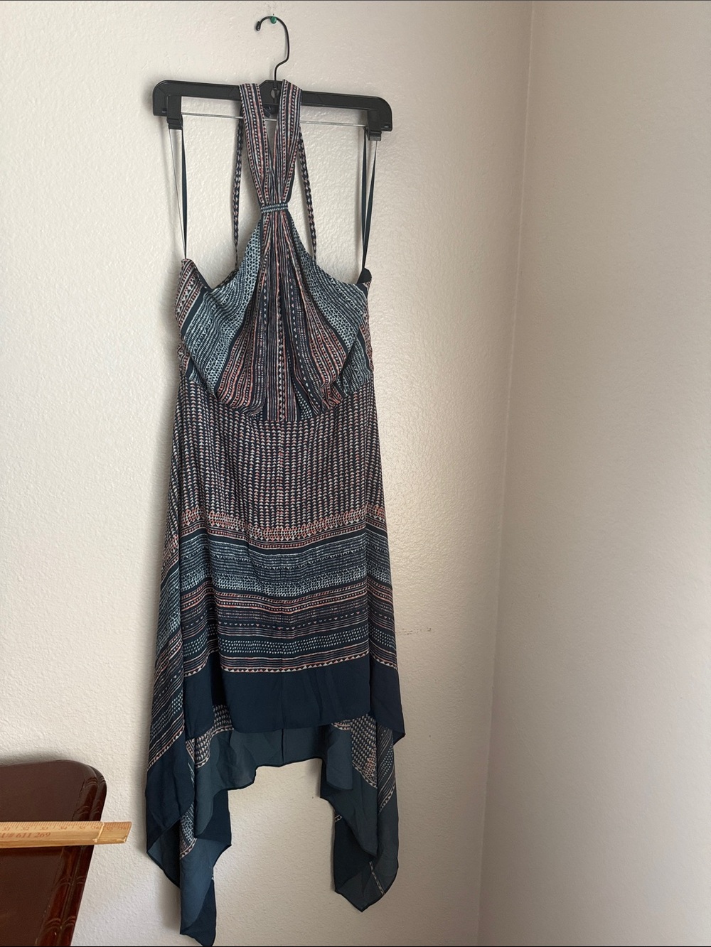 BCBGMaxAzria Danela Teal and Navy Printed Halter High-Low Dress Sz 8 - Picture 2 of 8